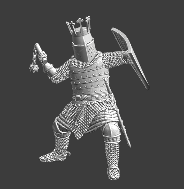 Medieval crowned knight, fighting with flail